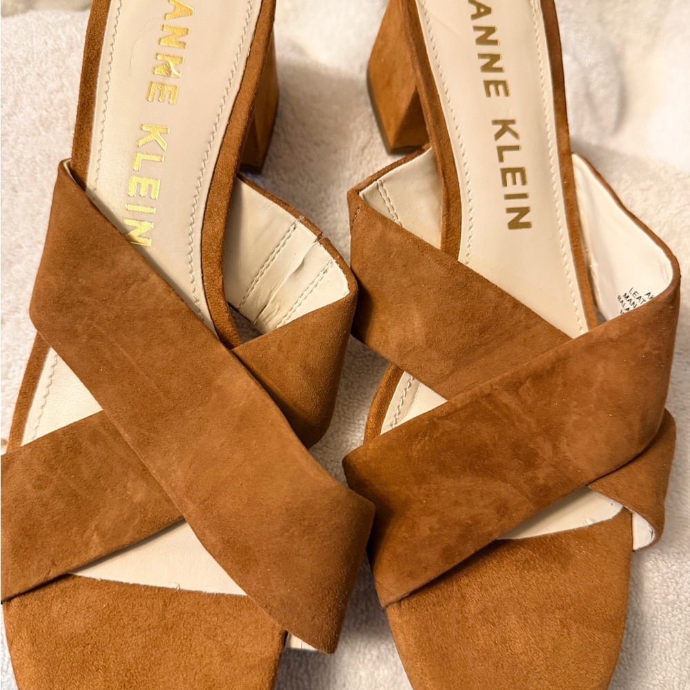 Anne Klein Cognac Suede Crisscross Block Heel Mules